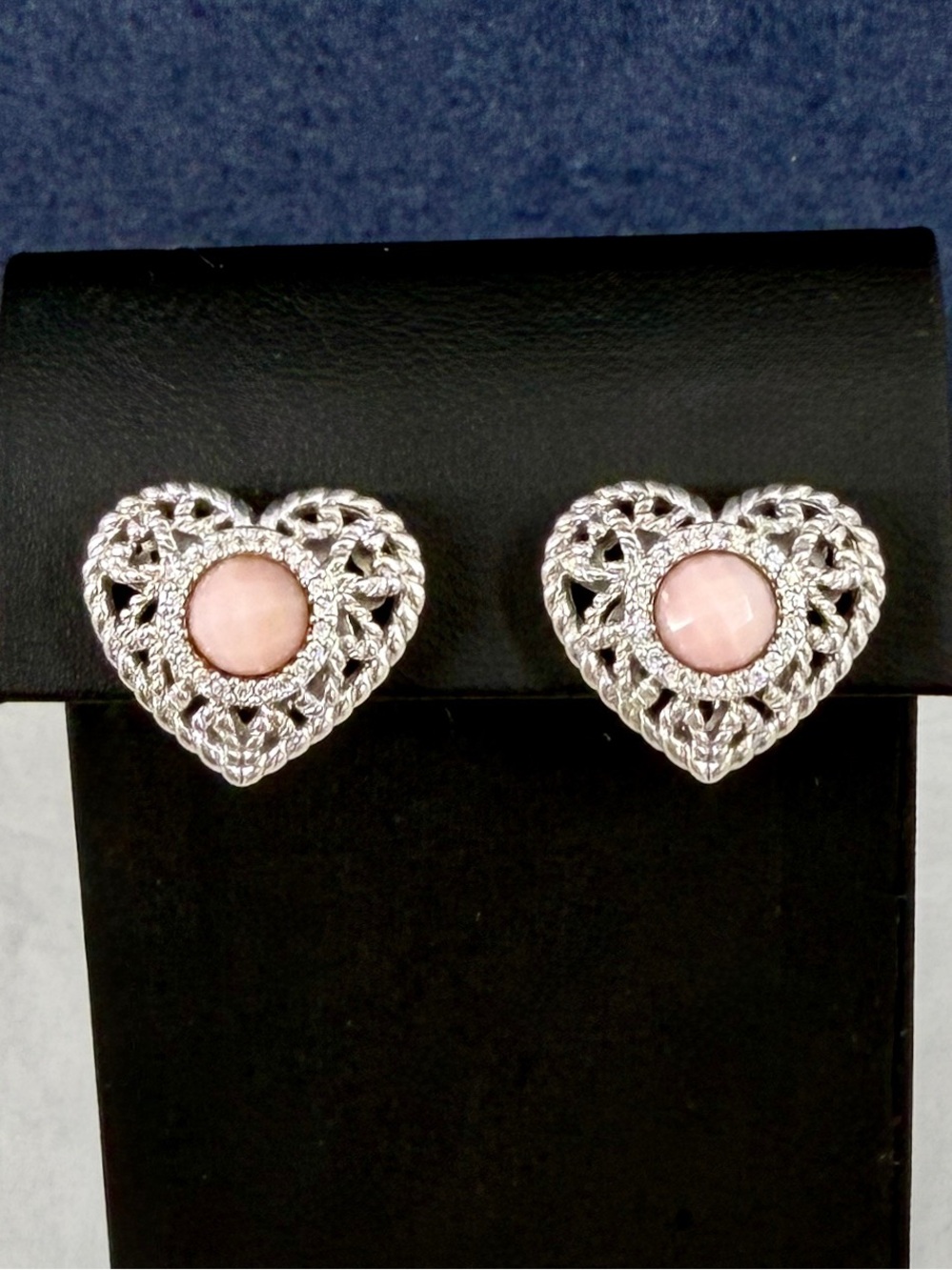 JUDITH RIPKA Sterling Silver Faceted Rose Quartz CZ Filigree Heart Stud Earrings